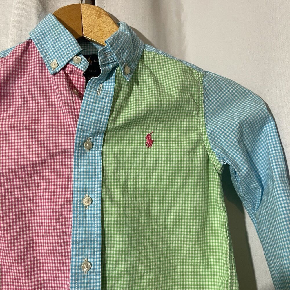Ralph Lauren Boys Shirt Multicolor Color Block Checked Pony Button 4T